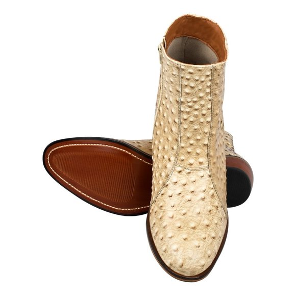 LIBERTYZENO Men's Ostrich Print Leather High Ankle Zipper Retro Beige Boots - Picture 2 of 8